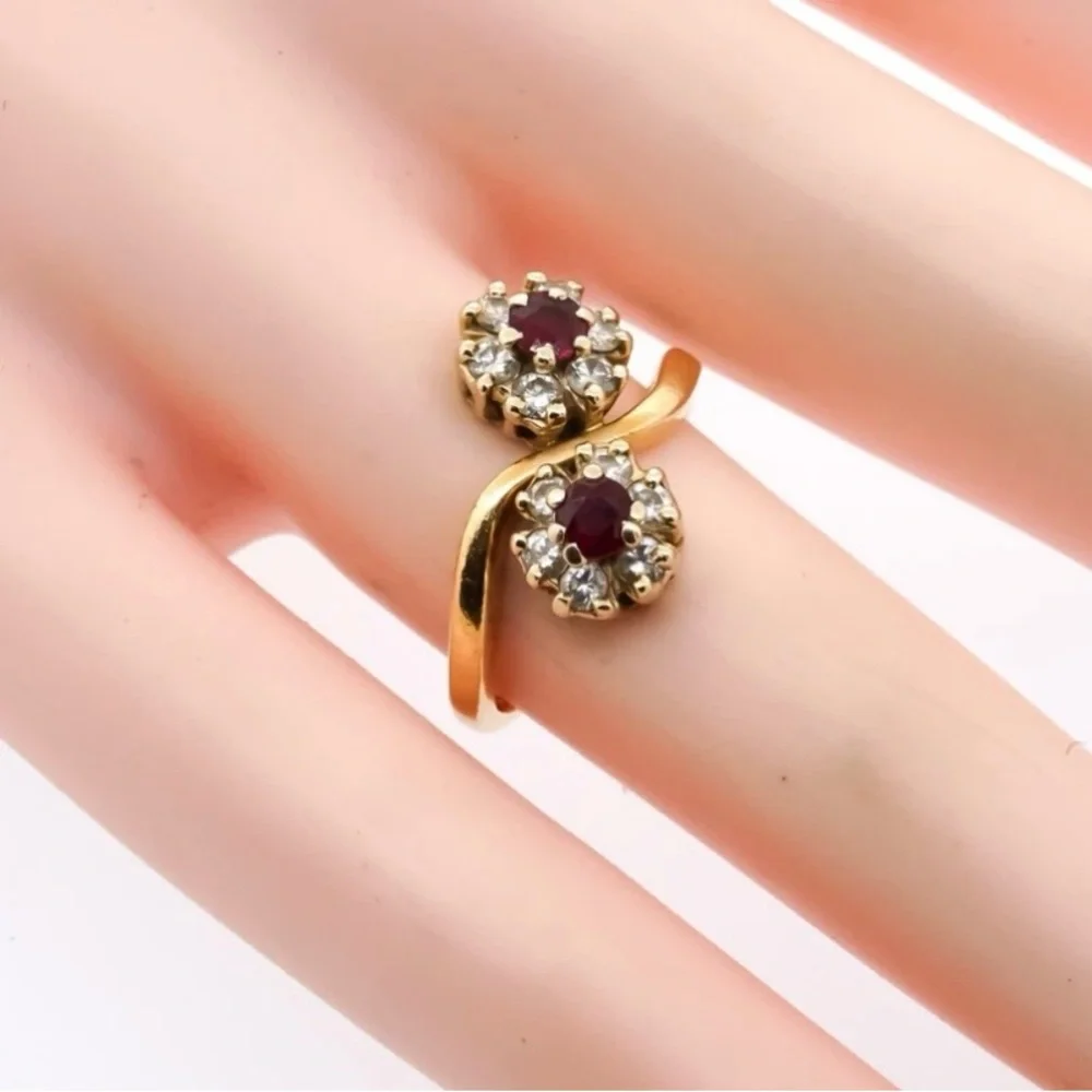 Vintage 14kp Yellow Gold Diamond Ruby Toi et Moi Ring - Picture 6 of 6